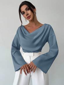 Firerie Áo sơ mi công sở màu mơ, cổ thuyền, tay loe, eo xếp ly, tối giản, thanh lịch, chất liệu satin, cổ áo bất đối xứng, tay chuông, thích hợp mặc đi làm hàng ngày. - Màu xanh bụi bặm - Xem 7