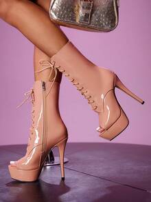 CUCCOO LuxiPop 女式性感时尚露趾系带厚底高跟休闲百搭侧拉链踝靴，杏色 - 杏色 - 查看 11