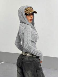 StreetHx 女式复古休闲街头风格卡其色纽扣拉链连帽开衫，秋冬 - 灰色 - 查看 2