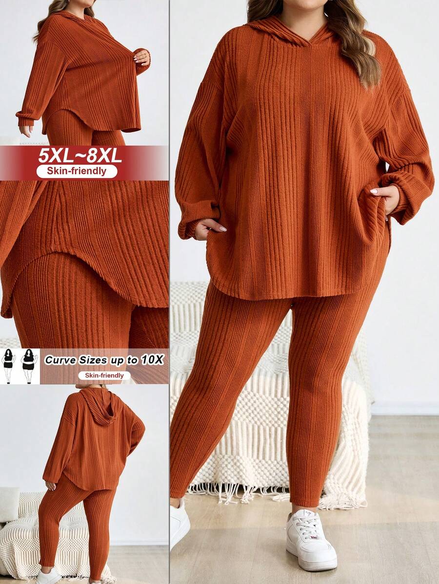 SHEIN CURVE+ 女式加大码卡其色棕色天鹅绒连帽衫和紧身裤套装，休闲条纹连帽上衣和紧身裤，冬季 - 棕色 - 查看 1