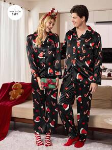 Manfinity CoupledUp Weihnachtsthema Muster Schwarz Faux Seide Stil Herren Oberteil & Hose Pyjama Set Herbst Winter Kleidung