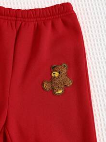 SHEIN Conjunto de 3 piezas para bebé niño: 1 pieza Chaleco con capucha con cierre de cremallera y peluche de oso informal y suelto, 1 pieza Pantalones deportivos de ajuste relajado, 1 pieza Suéter de cuello redondo a juego para uso casual, en el hogar u outdoor, otoño/invierno - Rojo - Ver 5