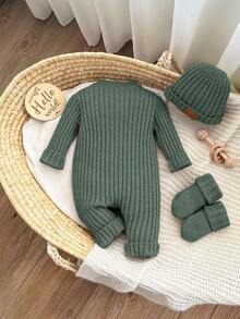 SHEIN Bộ đồ liền thân, chân và mũ đan dễ thương cho bé gái sơ sinh, đa năng cho mùa thu/đông - Màu xanh Bạc hà - Xem 2