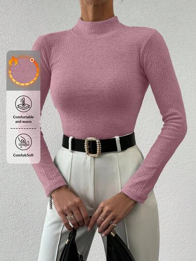 Women's Solid Color Simple Stand Collar Long Sleeve Sweater, Versatile For Autumn/Winter