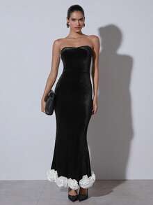 COSMINA 女士优雅派对3D立体花卉装饰抹胸美人鱼连衣裙，优雅派对礼服，适合鸡尾酒会、浪漫约会、正式聚会、夜间外出、婚礼宾客、秋冬季黑色连衣裙、情人节 - 黑與白 - 查看 1