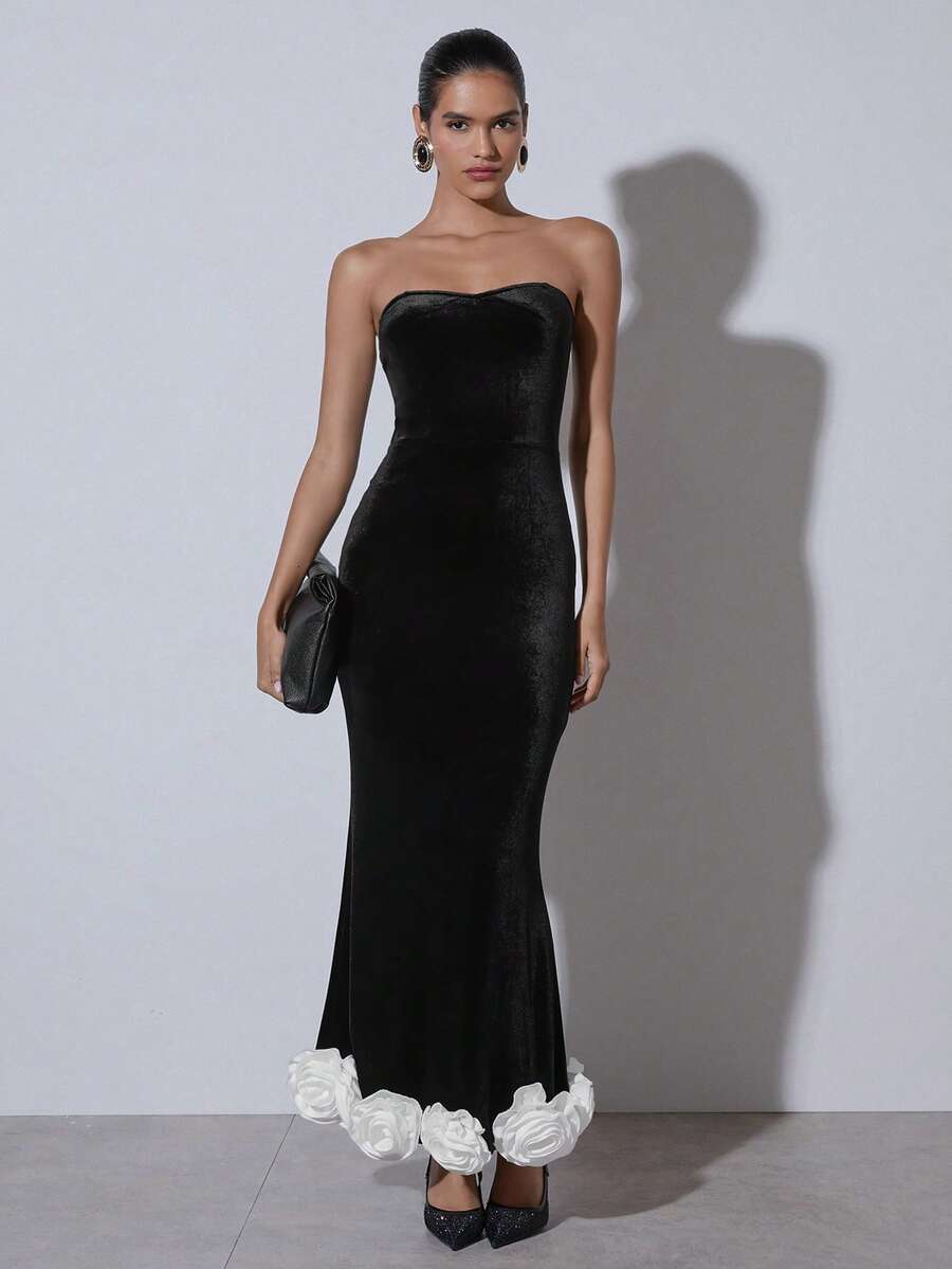 COSMINA 女士优雅派对3D立体花卉装饰抹胸美人鱼连衣裙，优雅派对礼服，适合鸡尾酒会、浪漫约会、正式聚会、夜间外出、婚礼宾客、秋冬季黑色连衣裙、情人节 - 黑與白 - 查看 1