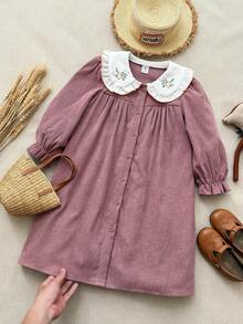 Blossori Young Girls' French Elegant Color-Blocking Embroidered Collar Pink Long Sleeve Dress - Multicolor - View 6