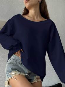 SHEIN EZwear 大码女式休闲纯色海军蓝露肩宽松长袖运动衫，秋冬 - 藏蓝色 - 查看 5