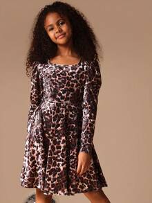 SUMWON Tween Leopard Print Velvet Long Sleeve Fit And Flare Dress With Bow Back Detail - Brown - View 3