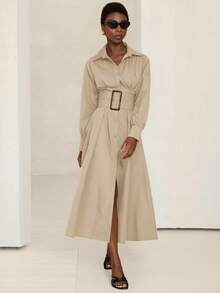 Aveloria Modichic Váy sơ mi tay dài cài nút cao cấp kiểu Pháp thanh lịch dành cho nữ - Màu Khaki - Xem 6