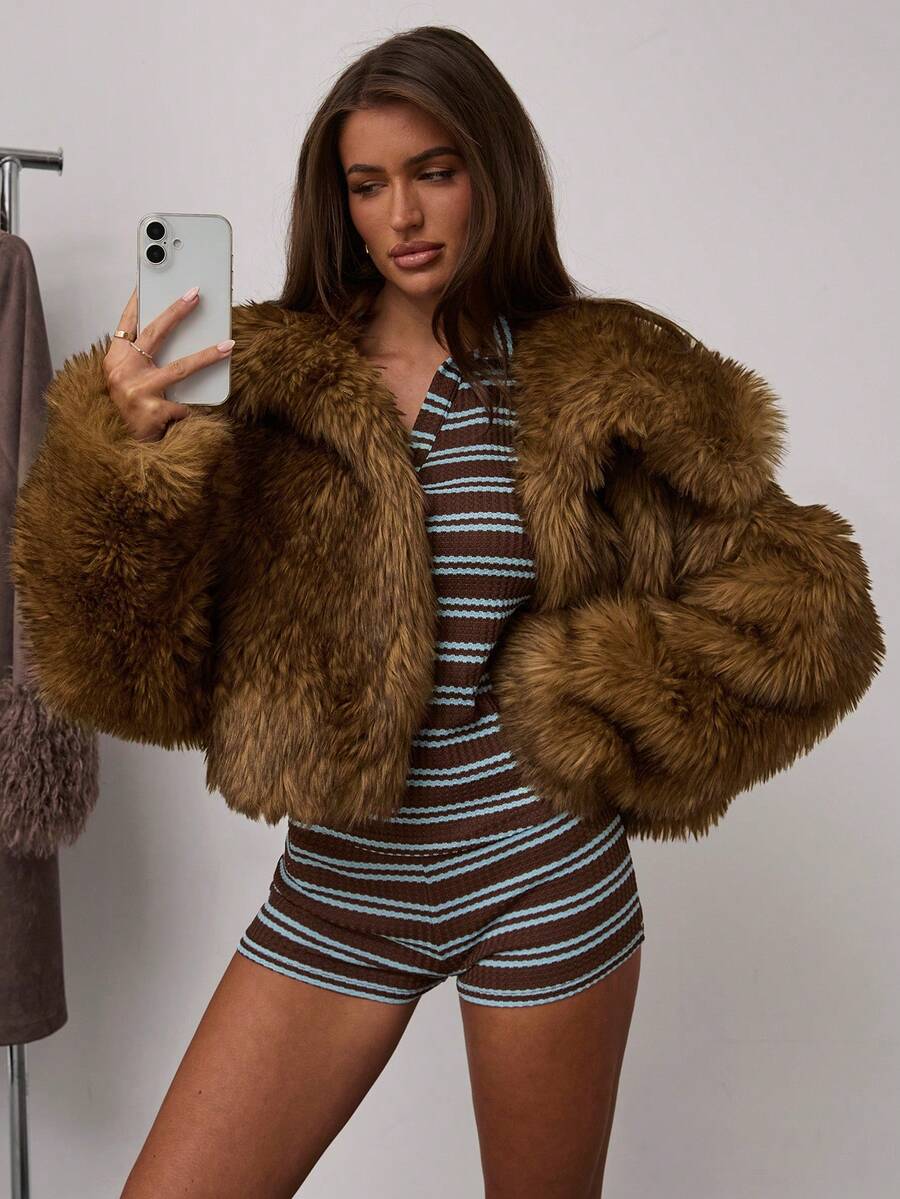 SHEIN BAE Áo khoác mùa đông rộng tay dài cổ lông nhân tạo cỡ lớn cho nữ - Màu Tím - Xem 1