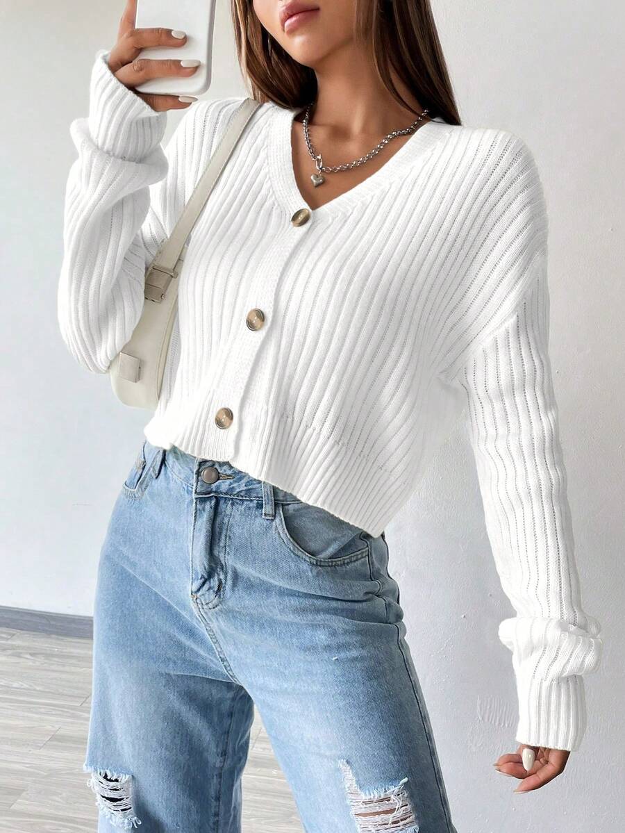 SHEIN Unity Áo khoác cardigan dáng rộng cổ chữ V cài nút phía trước cho nữ, màu trơn, đa năng cho việc đi lại hàng ngày, mùa thu/đông - trắng - Xem 1