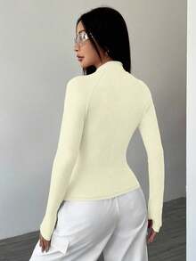 SHEIN PETITE 女式纯色前拉链长袖休闲夹克，春秋季 - 杏色 - 查看 2