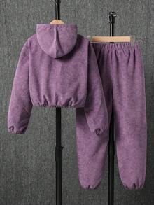 Sparklyn Bộ 2 áo hoodie cài nút phía trước và quần jogger màu trơn thường ngày cho bé gái tuổi teen, mùa thu - Màu tím - Xem 2