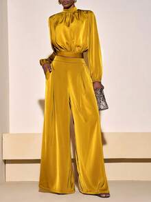 Zivah 20  Winter New Arrivals - Global Carnival Season: Christmas, New Year, Valentine's Day, Parties, Evenings, Dates, Gatherings, Birthday Parties, Preppy Style, Student Wear, Everyday Outings, Basic And Versatile, Casual, Cruise Travel, Influencer Hot Item, Elegant, Commuter, Business Casual, Simple, Stand Collar Long Sleeve, Gathered Cropped Women's Top + Racer Pleated Straight Leg Trousers, With Pockets And Zipper, Mustard Yellow Satin Shimmering Fabric, Autumn/Winter Set, Commuter Set, Party Set, Cocktail Party Set, Yellow Set, Elegant Set, Women's Two-Piece Set - Mustard Yellow - View 7