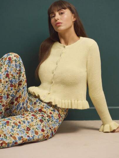 lacRébo Soft Yellow Little Cardigan, Cute Fashion Piece, Detail With Ruffles Yellow Cardigan Women Butter Yellow Top Pale Yellow Top Yellow Sweater Jumper For Woman