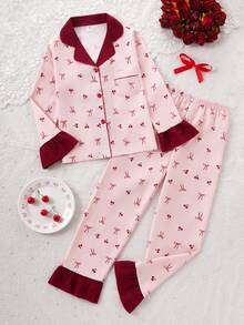 2pcs/Set Sweet Cherry & Bow Print Long Sleeve Cardigan And Pants, Casual And Comfortable Girls Loungewear - Multicolor - View 4