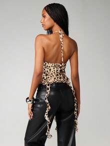 MISSGUIDED Leopard Print Ruffle Cami Crop Top Chiffon Halter Neck Summer Festival Beach Club Party Vacation Adjustable Straps Flowy Boho Tank - Multicolor - View 2