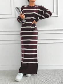EURMUSE Striped Color Block Loose Knit Sweater Dress - Dusty Pink - View 3