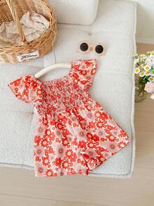 SHEIN Newborn Baby Girls' Cute Summer Floral Print Short Sleeve Romper