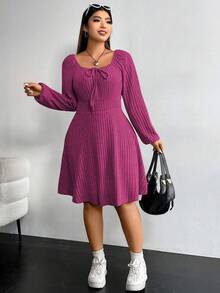 Vionelle Plus Size Women Solid Color Front Tie Raglan Sleeve Ribbed Casual Dress - Hot Pink - View 5