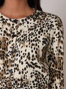 COSMINA Women's Leopard Print Round Neck Long Sleeve Casual Thin Cardigan Animal Cheetah Top,Brown And White Polka Dot,Autumn,Elegant,Everyday - Multicolor - View 7