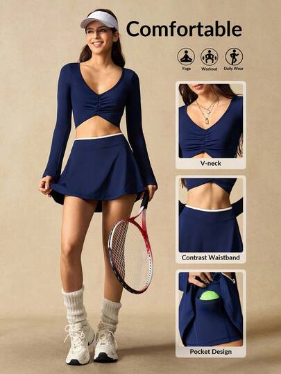 VARSIVA 女式纯色短款上衣和迷你裙短裤健身套装