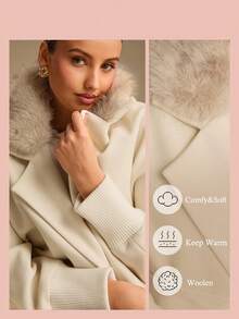 Enchnt Women's Elegant Cream White Fur Collar Woolen Jacket, Autumn Fashion Office Long Sleeves Coat For Date&Daily Commuting&Wedding Guest&Party - Apricot - View 2
