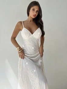 Firerie 女士优雅亮片和网眼拼布细肩带连衣裙 - 粉色 - 查看 5