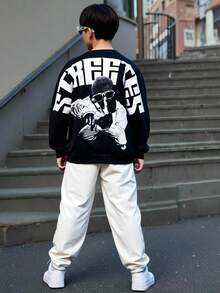 SHEIN 2 件儿童/青少年男童休闲日常百搭舒适字母印花图案圆领宽松套头衫和纯色梭织裤套装 - 彩色 - 查看 1