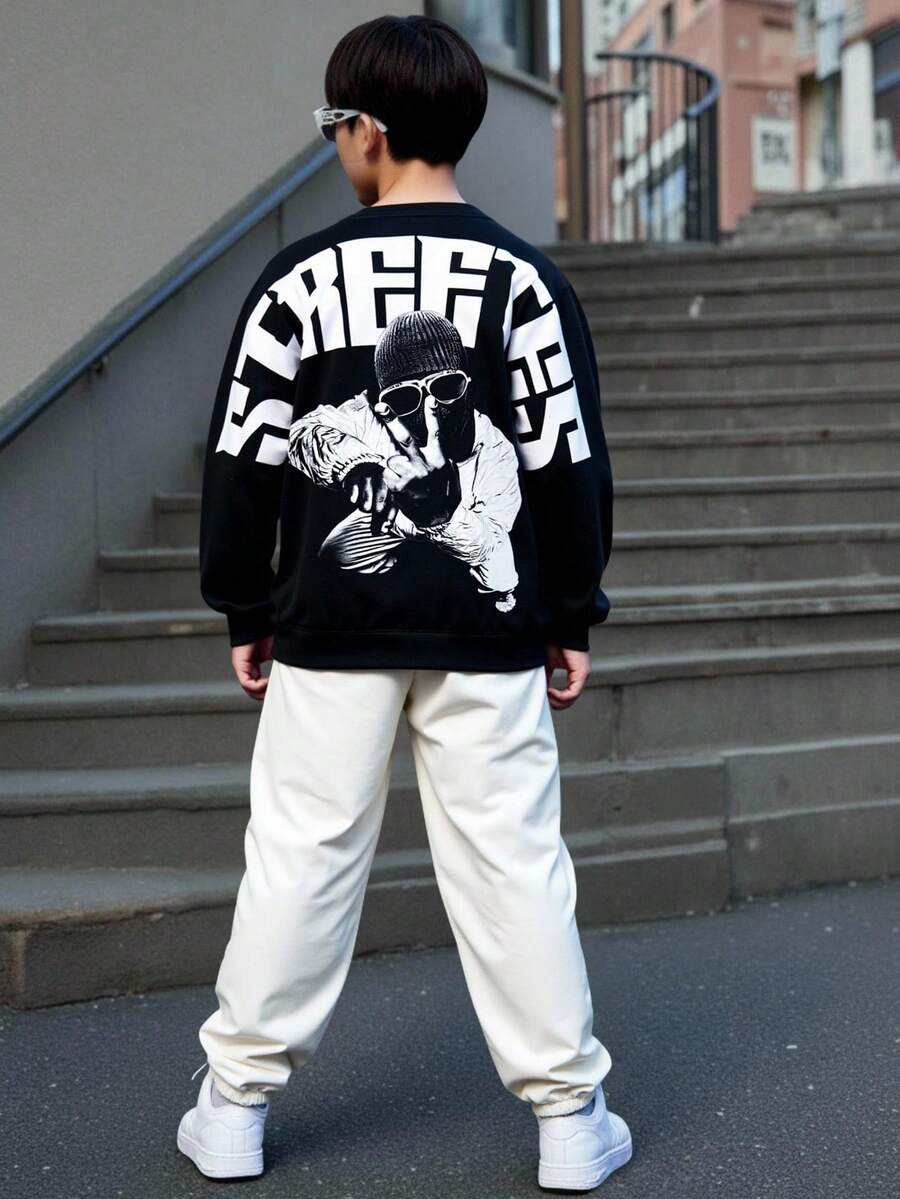 SHEIN 2 件儿童/青少年男童休闲日常百搭舒适字母印花图案圆领宽松套头衫和纯色梭织裤套装 - 彩色 - 查看 1