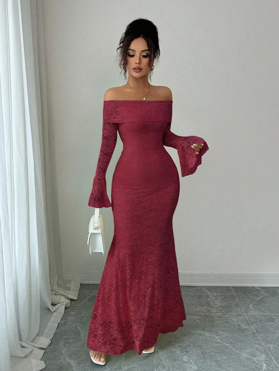 Selianne Elegant Fashion Young Minimalist Versatile Fitted Off-Shoulder Flared Sleeve Mermaid Midi Dress For Women, Autumn - Dark Red - View 1