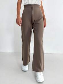 EURMUSE Pantalones de punto de unicolor con cintura con cordón y pierna acampanada, versátiles para uso diario, invierno