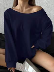 SHEIN EZwear 大码女式休闲纯色海军蓝露肩宽松长袖运动衫，秋冬 - 藏蓝色 - 查看 3
