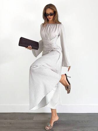 Siren Gaze Randig midja med rynkad långärmad klänning för kvinnor, höst