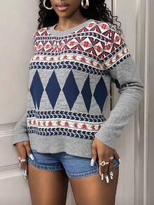BamGleam Women's Grey Sweaters,Knitted Long Sleeves Colorful Geometric Patterns Loose Casual Autumn Occasion Vacation Travel Leisure Parties Women's Clothing - Grey - View 7
