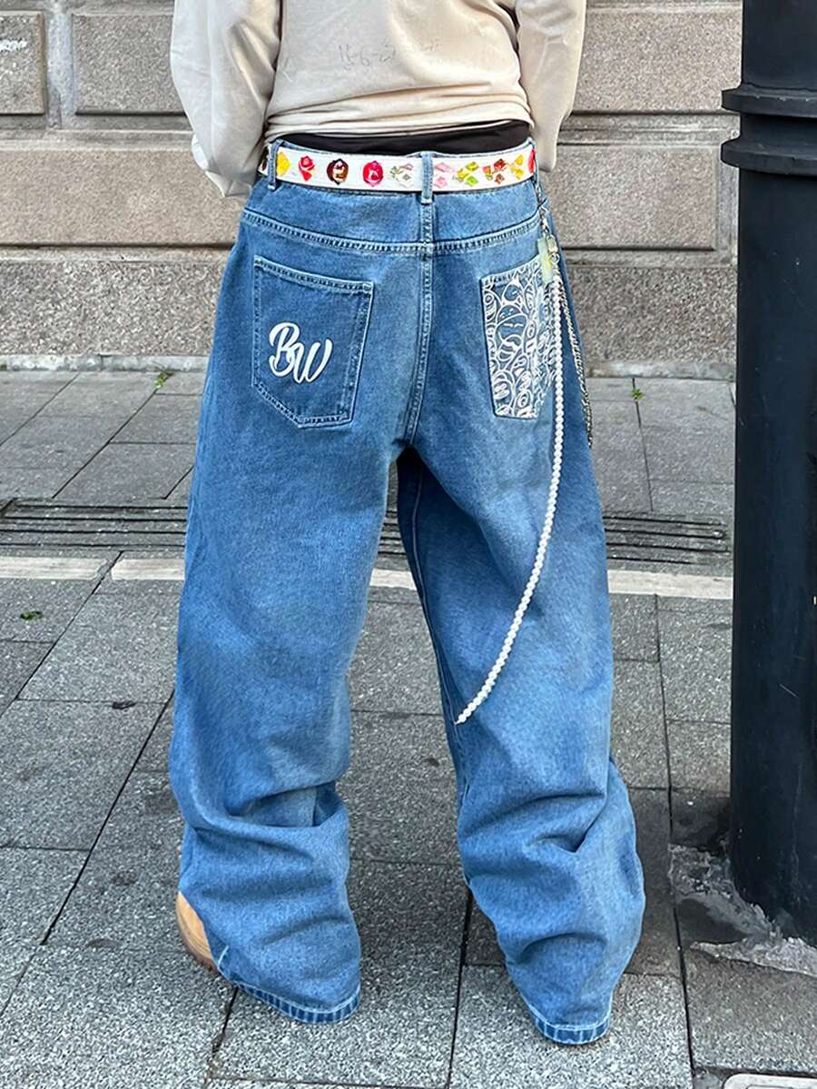 PAVTROS 男士休闲时尚街头卡通字母印花宽松阔腿牛仔裤，不含腰带 - 淺色水洗藍 - 查看 1