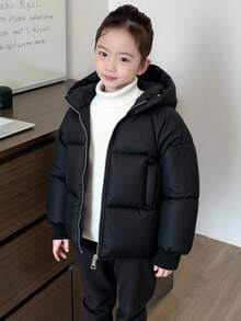 少女纯色连帽保暖拉链棉服外套，冬季 - 黑色 - 查看 1