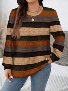 EMERY ROSE Christmas Striped Print Casual Versatile Plus Size Women Crew Neck Loose Long Sleeve Sweatshirt, Autumn/Winter Brown Long Sleeve - Multicolor - View 6