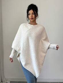 Elenzga Women's Asymmetrical Hem Oversized Crew Neck Pullover Sweater, Relaxed Fit, Soft & Comfortable Wool Blend, Suitable For Autumn/Winter - Apricot - View 5