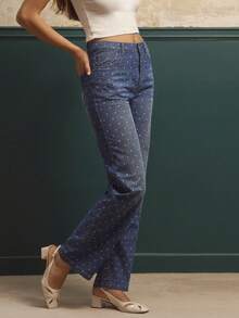 lacRébo Blue High Waisted Straight Leg Jeans With White Polka Dot Print Autumn Winter Polkadot Jeans