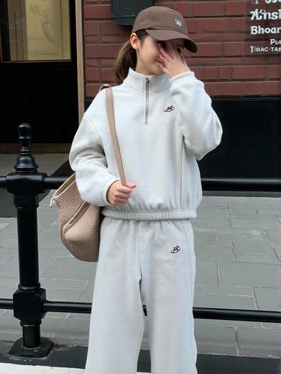 2pcs Set: Loose Knit Pullover Top With Stand Collar & Embroidered Pony Design + Wide Leg Pants With Embroidered Pony, Casual & Fashionable Outfit For Autumn/Winter, Warm Thermal Lining