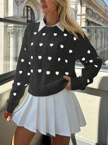 EURMUSE Women Hearth Embroidery Textured Knit Round Neck Pullover - Dark Grey - View 3