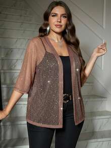 Clasi Abrigo de malla con estampado de talla grande para mujeres, de manga corta, para verano, primavera, festivales, fiestas, playa, vacaciones, bodas y eventos, graduación, - Champán - Ver 3