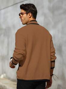 Manfinity Homme 男士休闲撞色滚边长袖开衫，秋冬款 - 棕色 - 查看 2