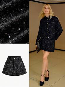 MOTF PREMIUM TWEED SEQUIN BUTTON DETAIL A-LINE SKIRT FOR AUTUMN & WINTER - Black - View 7