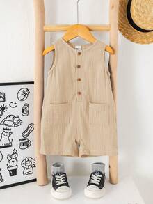 Newborn Baby Boy Apricot Sleeveless Casual Romper Jumpsuit, Suitable For Birthday Party, Formal Gatherings, Performances, Weddings, Full Moon Celebration, Baptism And First Birthday Party, Summer - Apricot - View 5