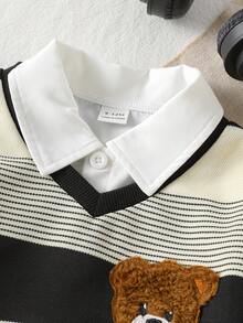 SHEIN 3 件套幼儿男童服装套装：1 件白色长袖纽扣衬衫、1 件黑色心形领条纹针织背心、1 条黑色梭织长裤，适合初秋、学校、休闲、度假 - 彩色 - 查看 3