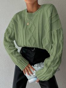 EURMUSE Ladies' Casual Round Neck Dolman Sleeve Geometric Pattern Knitted Sweater For Autumn/Winter - Hijau - View 5