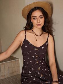 Wildy 女式碎花单排扣休闲无袖中长连衣裙，度假风格女式夏装